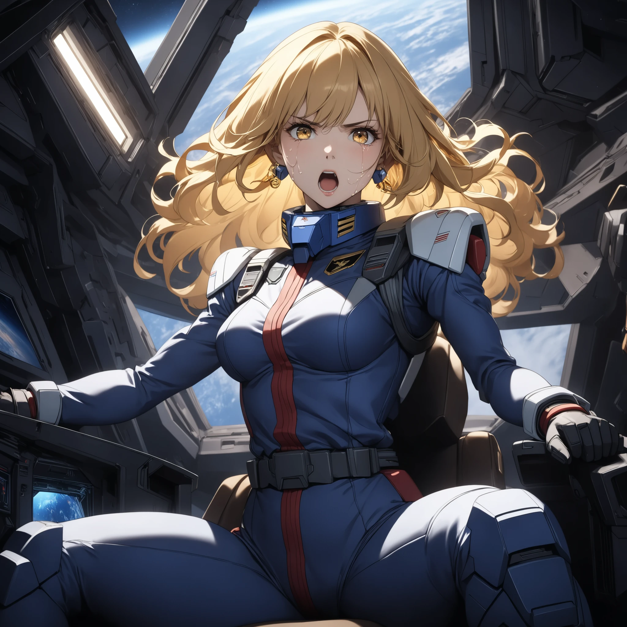 ((extreme quality)), ((Masterpiece)), (( Enrich the picture, Masterpiece level quality)), golden hair , Mid-length Layers hair, medium breasts , golden eyes , fierce woman , extreme eyes details, raw 4k, perfect proportions , extreme hair detailed, extreme cloth detailed, extreme detailed , extreme background detailed, ((great effect to highlight the subject)) , ( cinematic lighting , moody , textile shading) , perfect proportions , extreme detailed , volumetric lighting , soft lighting , glossy skin, glossy hair, beautiful face , extreme face details, Detailed facial features , Long eyelashes, Incredible atmosphere, Fascinating setting, dynamic pose, ear rings , hips up, eff pilot , Black flight suit , Strike freedom gundam cockpit, (( sitting, control mobile suit fight)), mobile suit Zaku gunshot on monitor cockpit, very angry face, in Space, helmet pilot drop on space gravity, crying, I'm screaming with my mouth open,