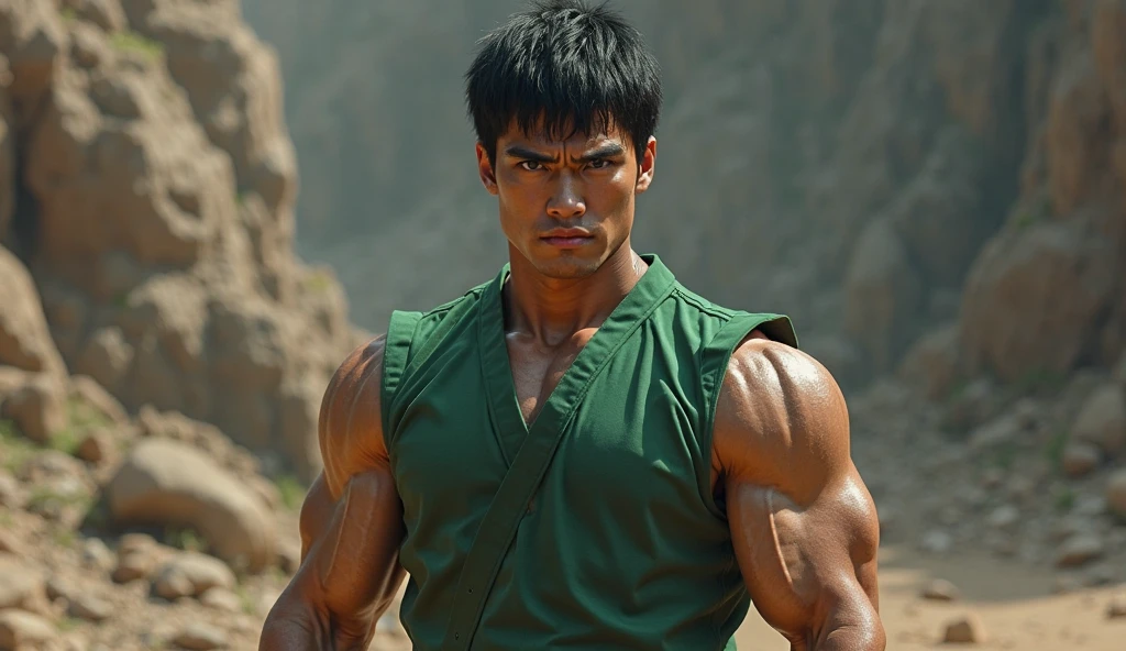 A hyper-realistic human version of Goku from Dragon Ball Z, depicted as a muscular man in his 30s with spiky black hair combed upward, similar to his iconic Super Saiyan look, but in a natural black color. His facial features are sharp with a strong jaw, expressive dark eyes, and a slight smile that exudes confidence and kindness. He is dressed in an orange martial arts gi with a blue undershirt and belt, showing signs of wear from intense training. His physique is well defined, highlighting his strength and agility. Goku is standing in a natural outdoor environment, such as a grass field with mountains in the background, reminiscent of the countryside. The image is captured in the style of an 80s photograph, with a slightly faded and warm-toned color palette, giving it a nostalgic feel.
