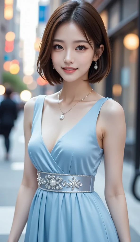 ((best quality、masterpiece:1.3))、sharpen focus:1.2、(real、lifelike:1.37)、perfect beautiful woman、Highly detailed facial and skin textures、Detailed eyes and double eyelids、small smile、short hair、Smaller bust、small necklace、Light cotton summer dress、street at night、traffic jam、