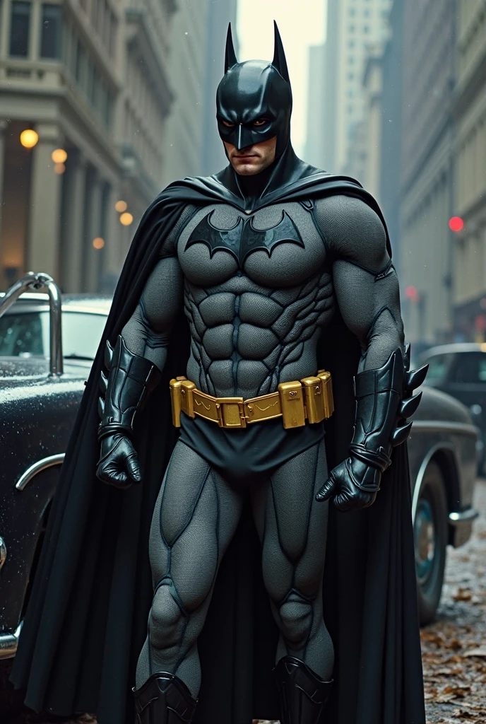 Attractive manly realistic man with statuesque body with naked hair with big thick realistic attractive penis with short wet black hair and blue eyes dressed in batman costume in bat shaped black car with rainy night background