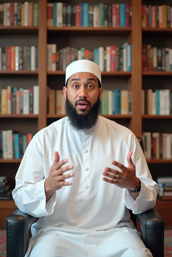 One muslim man, stand on stage, say people, thrust on god