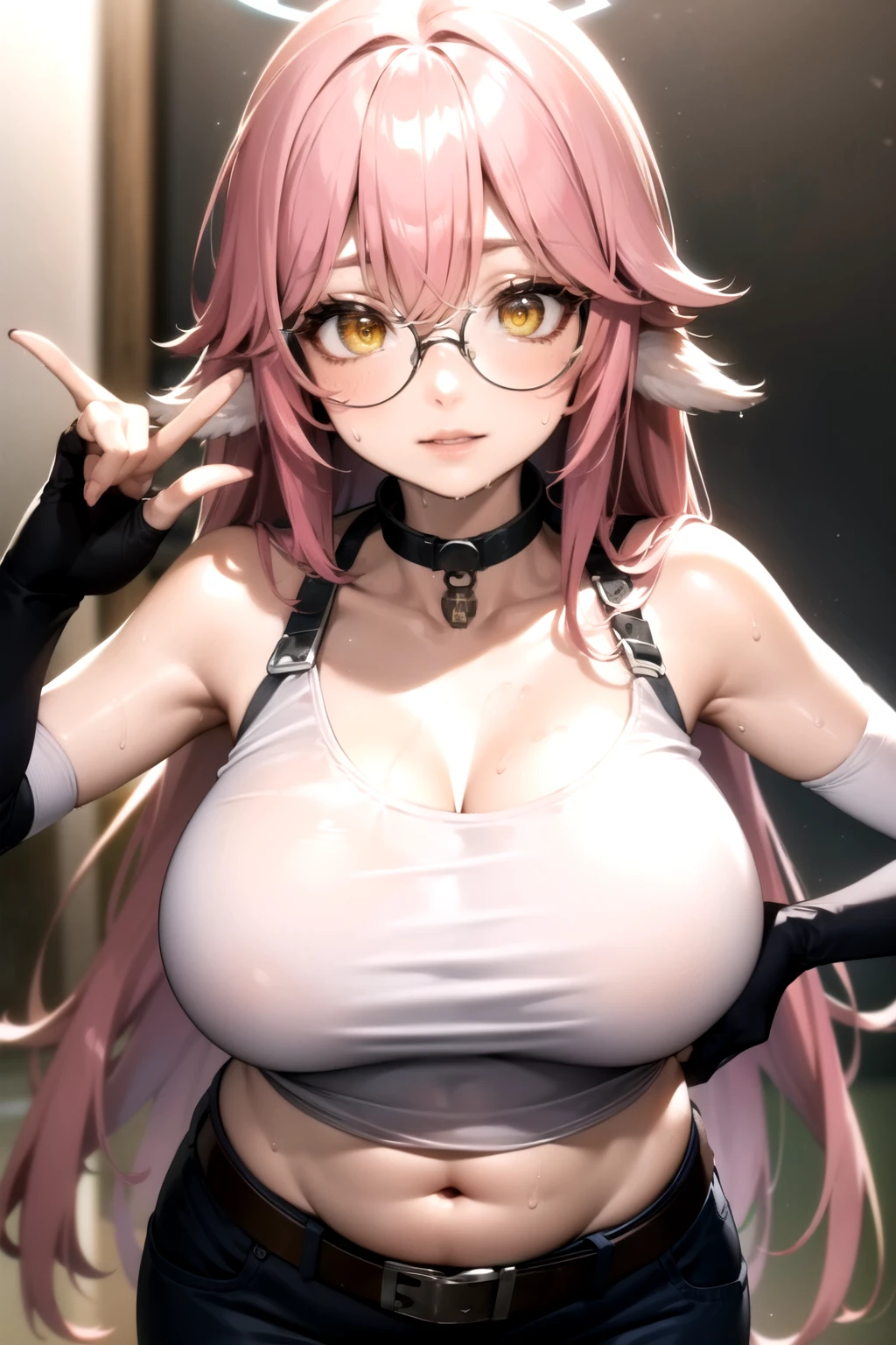 2D anime painting。Side angle cleavage gaze。Short Up。Confused eyes、blush、smile、looking at the camera。Sexy pose。A demon wearing glasses。