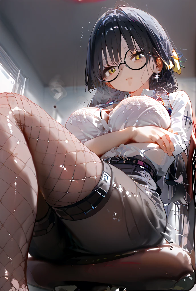masterpiece, best quality, wallpaper, 1girl, purple short hair, black hair, sky blue eyes, hair accessories, cute, innocent, off-shoulder sweater, , brown tight skirt, 35 years old female, innocent, safe for work, wholesome, city streets, night, fashion, mature face, mature body, slender body, slender legs, medium breast, sitting pose, front view, embarrassed face, front view, low angle, black pantyhose, off-shoulder sweater, glasses, perfect hands, panty visible, sitting, underwear visible, lifting skirt up, wearing choker, moe,