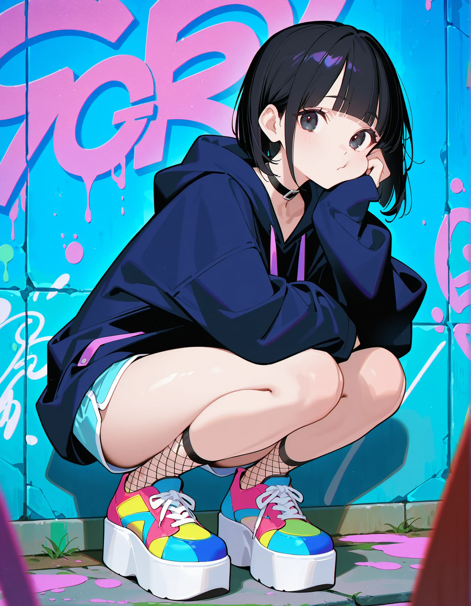 masterpiece, best quality, offical art, very aesthetics of fine arts, (popqn coloring:0.6), (ask \(askzy\) lighting:0.8), 1girl,full body, foreshortening,1girl, fishnets socks, squatting, black hair, black eyes,black choker,colorful oversized hoodie,graffiti wall, sleeves past wrists, head rest, cheek press, dolphin shorts, multicolored footwear,sidelocks,platform footwear, elegance, looking at viewer,bob cut,blunt bangs, blurry foreground, chromatic aberration,anaglyph,