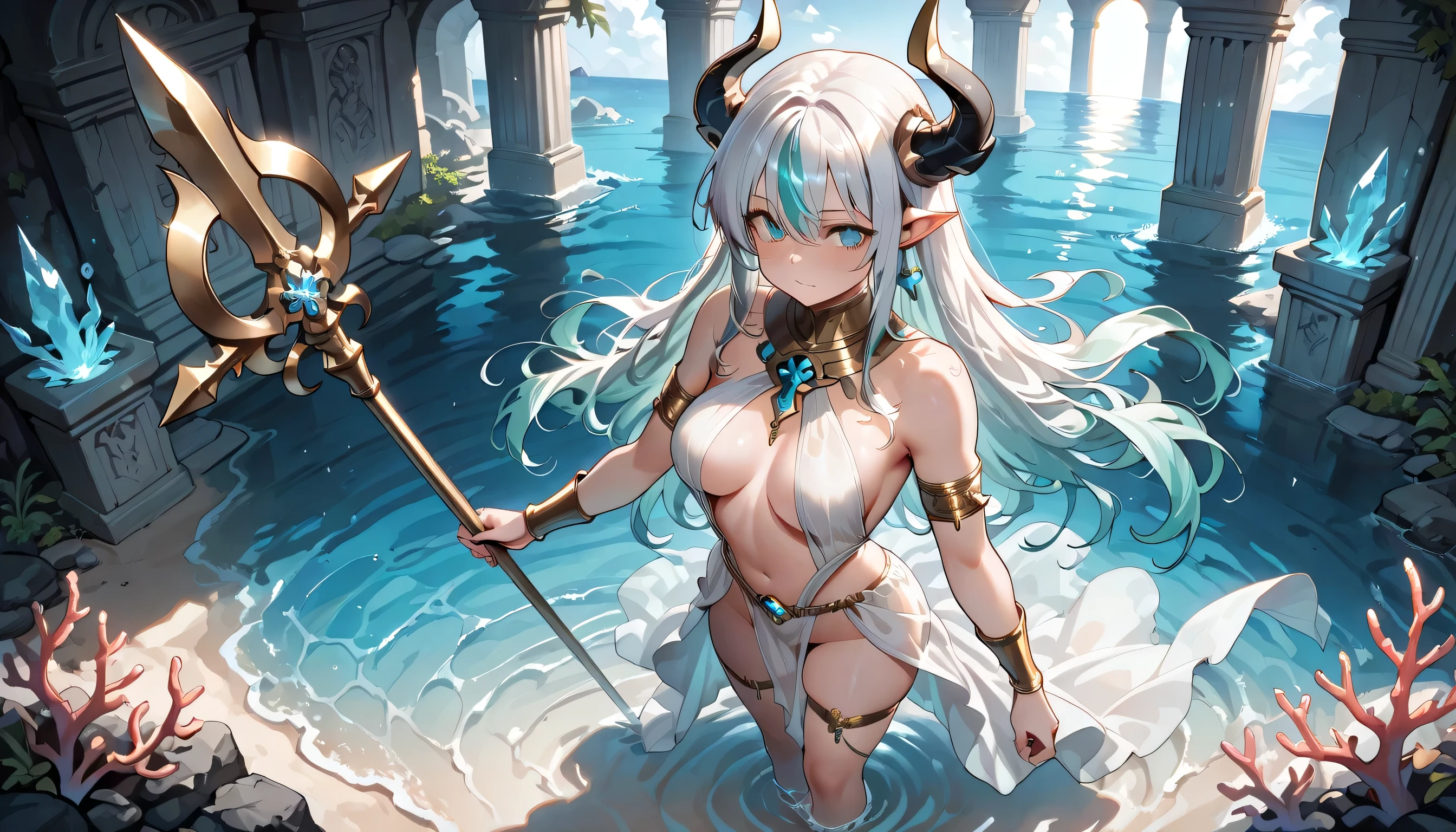 (Best quality:1.3),(Masterpiece:1.3),(illustration:1.3),(Ultra-detailed:1.3),(imid shot:0.9), 

1girll, Solo, Very young, Upper body, Short neck, Small breasts, child

 (Soak in the stream:1.2), 

Dragon tail, Girl child, ahoge, 

Blue eyes, Jewel-like eyes, Extremely detailed eyes, Extremely detailed face,  Closed mouth, Light smile, 
water, Fish, Ocean, Horns , Chinese clothes, a Oriental Dragons,