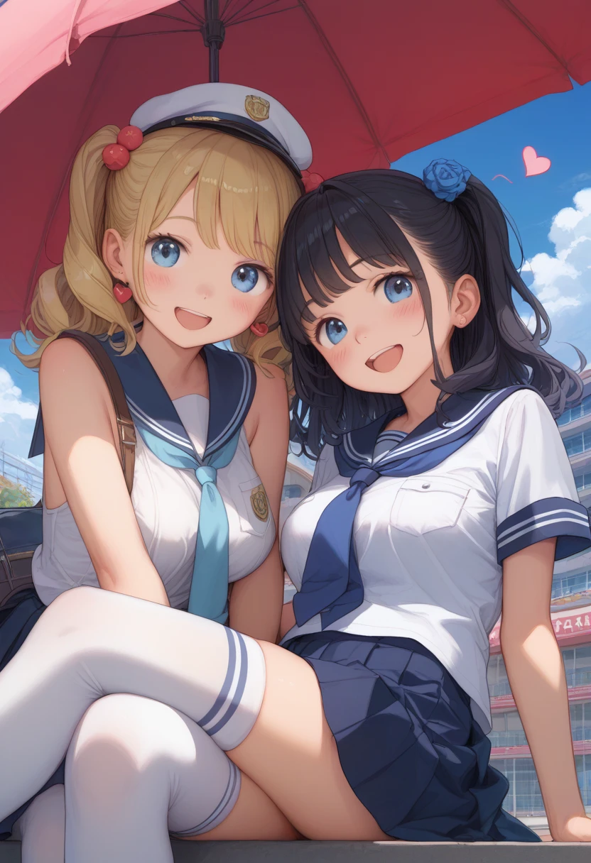 highest quality、High resolution、detailed background、beautiful and detailed face、beautiful and smooth skin、skin texture、amusement park dates、Large parks、cute braided ponytail、(huge breasts:1.2)、(three beautiful girls:1.5)、 ((Cute colored sleeveless sailor suit:1.5))、white sailor collar、Pleated mini skirt with tartan plaid pattern、white knee high socks、white overknee socks、pantiesショット、Laugh playfully、smile、smile、cute colored stripes々panties、Cute colored bra、emphasize cleavage