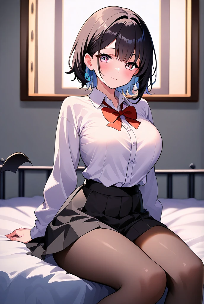 1 Japanese girl, glasses, evil smile, full body, sitting, (angle from below:1.2), (slim body:1.2), (huge breasts:1.1), (slender legs:1.1), short hair, black hair, school uniform, white long sleeve shirt, pleated skirt, (black tights:1.1),