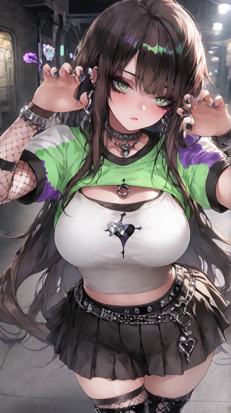 Kujou Sara|genshin impact, master-piece, bestquality, 1girls,25 years old, gigantic breasts, Wedding Dresses, White Wedding Dress, wedding,Long skirt, oversized breasts, ,bara, choker, (Graffiti:1.5), Splash with purple lightning pattern., arm behind back, against wall, Lean forward., View viewers from the front., Thigh strap, Head tilt, bored, water eyes, Show your ,