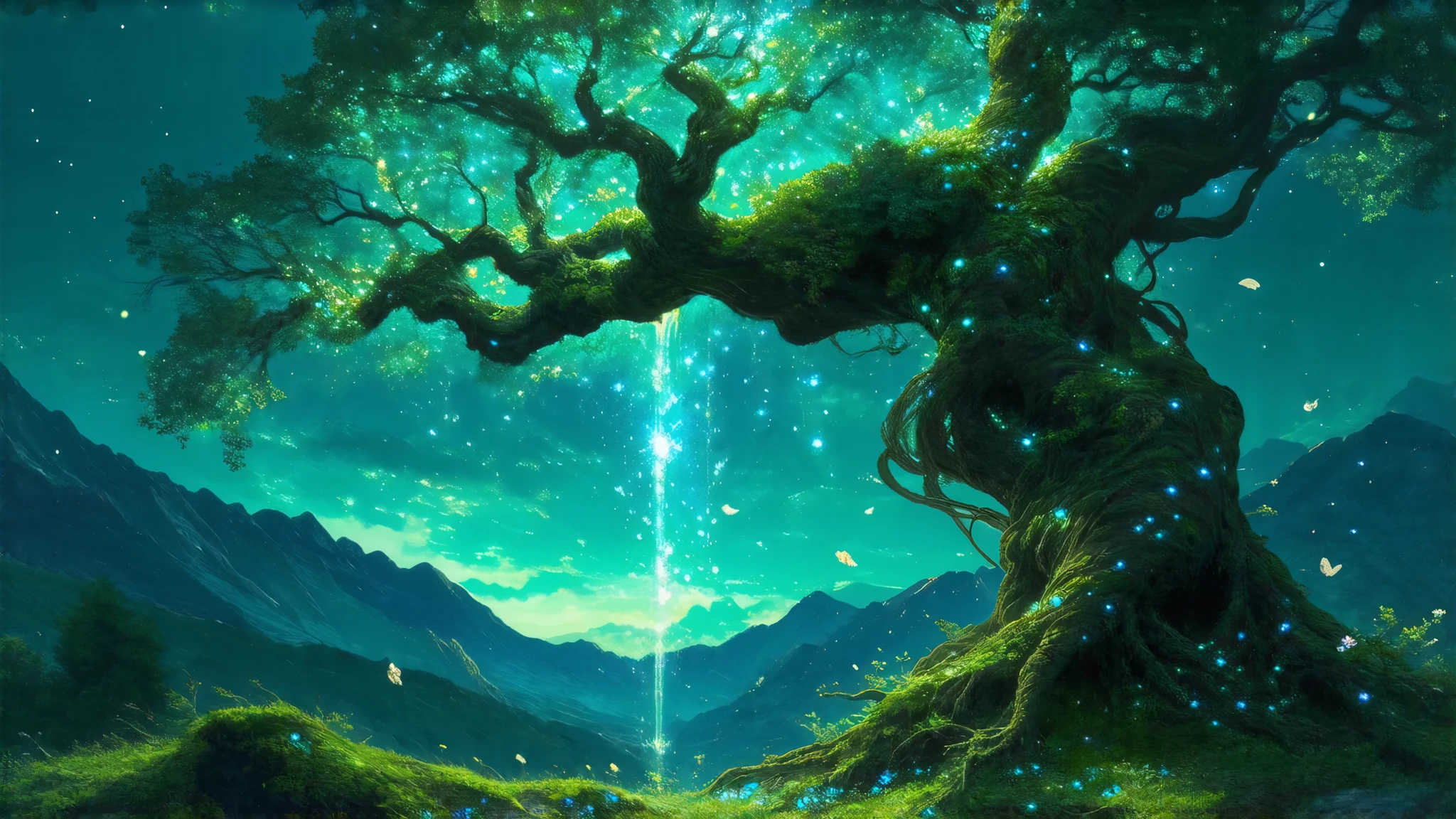 high resolution, rich contrast, best quality, 8k, Spirit, Nature's Incarnation , Verdant Light , Runes, sacred, Kindness , Legend, Quiet Smiles , Guardian of Life , Mythical, Glowing Ancient Trees , Falls in the Sky, sacredなオーラ, Feathery Light , Starlight, Floating Petals