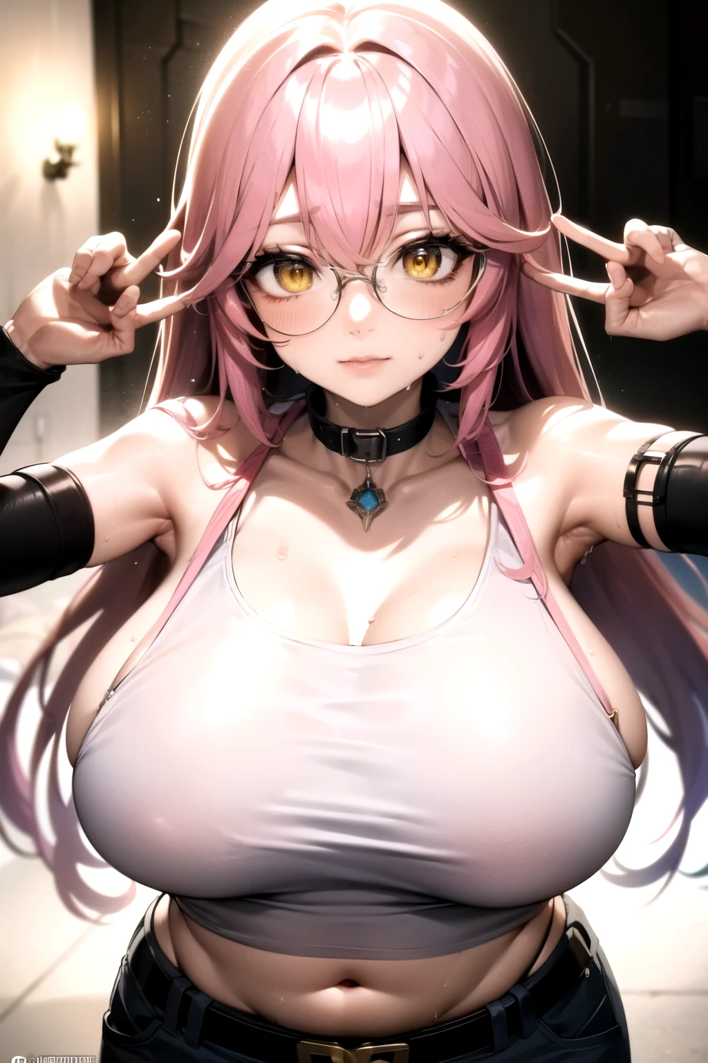 Huge mommy pink hair with very big and huge breasts with a bra with a marked abdomen with glasses very beautiful and very detailed nurse
