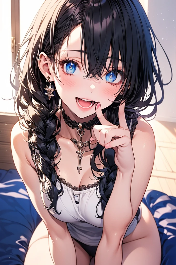 ((Biologically correct limb count))、(( Full-body photo including face))、4K、((Standing position))、masterpiece、((Focus on the face))、((Symmetrical facial features))、Eye for detailed depiction、Beautiful blue-haired woman、Excellent style、Beautiful clavicle、Beautiful feet、Beautiful Hands、Glamorous body、(stockings、garter belt、High heels)、Facial detailing、Small earrings、necklace、(No sleeve、Pleated skirt、Completely naked)、High heelsに照明を当てる、tie、sunny、(((Photo frame with white border)))、Seductive posture、((Looking up))、(Low - Angle、A camera angle that captures the inside of a skirt from below)、Silk gloves、(((Black Hair、The hair is golden)))、(((Moments of ecstasy)))、((Standing forward with arms covering chest、A ring on the left ring finger)),Spread legs