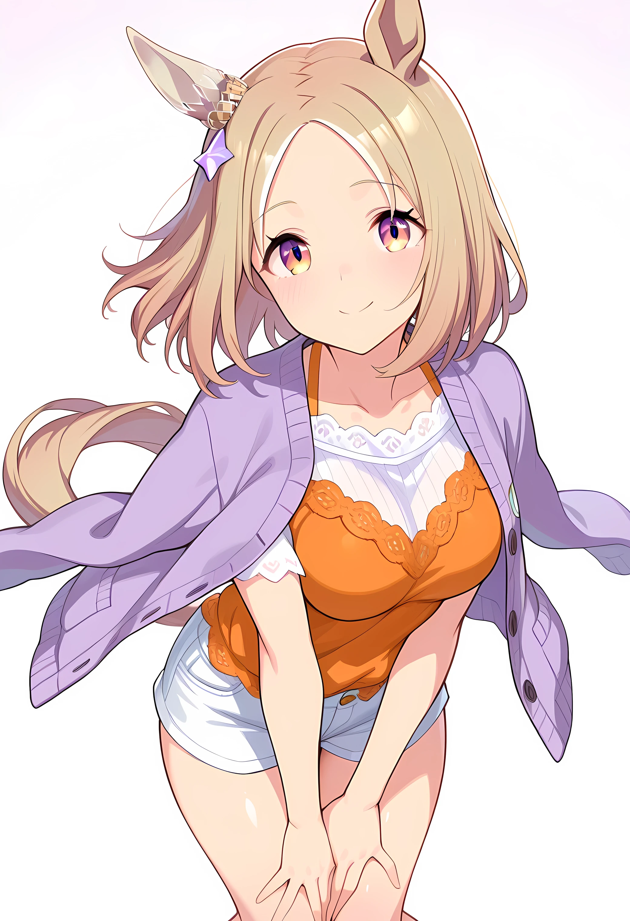 narita top road \(umamusume\),,(((masterpiece))),(((detailed)))((best quality)),((hyper detailed)),(beautiful),((shinythighs)),(((shiny skin))),(high quality skin),((8k)),((high resolution)),happy,smile,embarrassed,light blush,close mouth,hugging own legs,floating hair,knees together feet apart,own hands together,purple color cardigan on shoulders,orange color lace-trimmed shirt,white color short shorts,from front,eye level shot,close-up,cowboy shot,looking at viewer ,anime girl