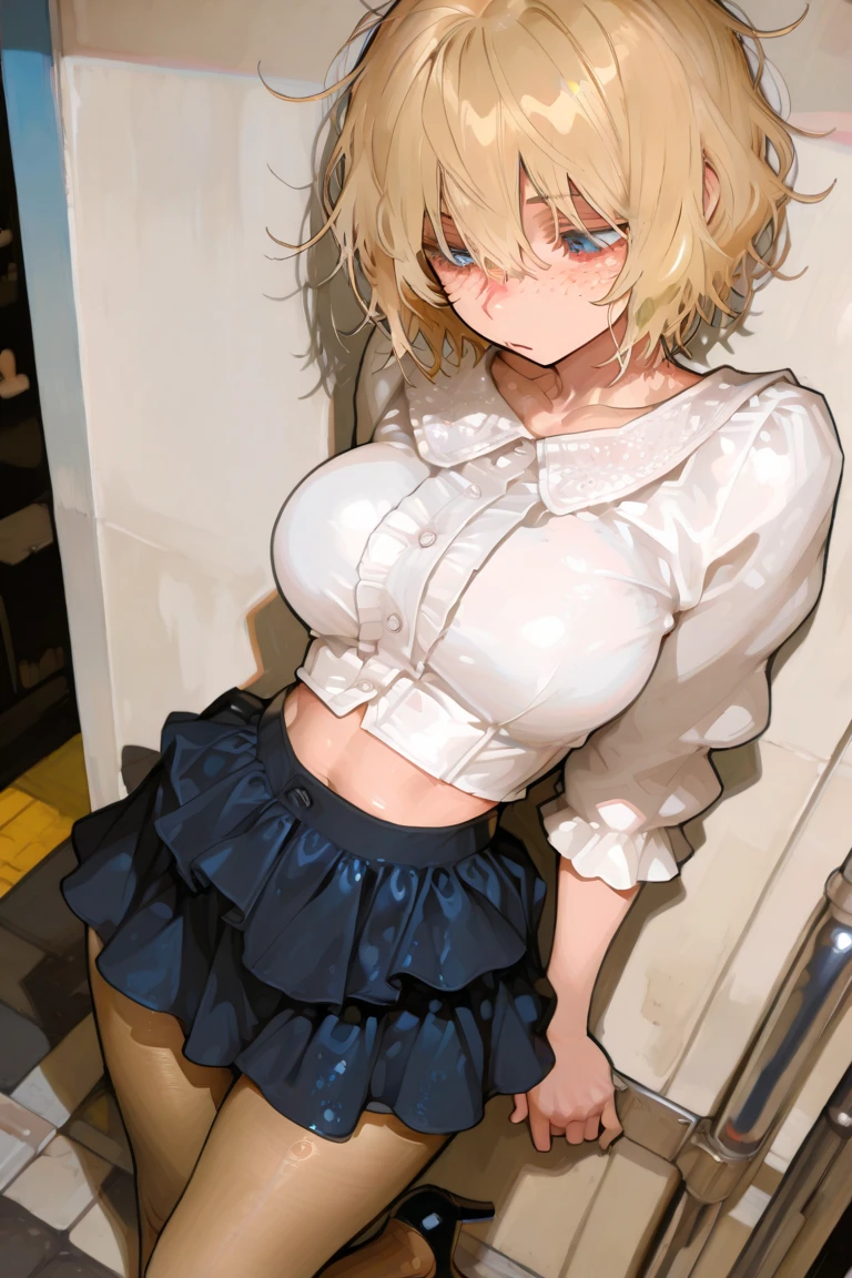 , Blue eyes,Short cut wavy hair, Sweating, Blonde hair breast size d, Big hips, Black , lifting her skirt, blushing, smiling