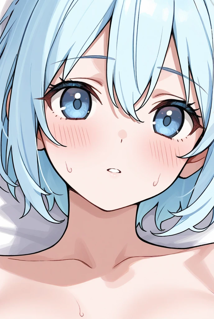 nsfw,1 girl,White hair,(light blue hair),White eyes,medium hair,hair,bare breasts,face focus,masterpiece,best quality,very aesthetic,absurdres,front view,looking at viewer,