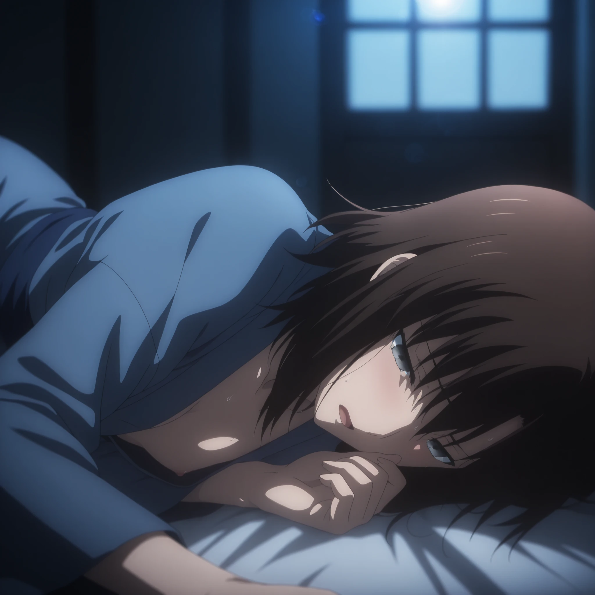 masterpiece, best quality, amazing quality, highres, absurdres, very aesthetic, high resolution, ultra detailed, perfect details, solo, midnight, indoors, ufotable style, (room, darkness), (lens flare, blurry background, blue hour), backlight, from side, face focus, close up,
1girl, ufotable style, anime style, (anime coloring:1.5), (anime screencap:1.2) , ,((lie down, on side, on bed )), arm under breasts,((wince, frow, furrowed brow, very light open mouth, ), heavy breath, sweaty body, shiny skin, BREAK
girl, mature, slim body, slender body, ,Ryougi Shiki , TYPE-MOON / Kara no Kyoukai , dark brown hair,medium hair,grey eyes,(half-closed eyes),
(show off nipple, breasts out), blue kimono pull, long sleeves, long kimono, bare thigh, (small breasts), flat chest, (looking down), embarrassed, aged up ,,