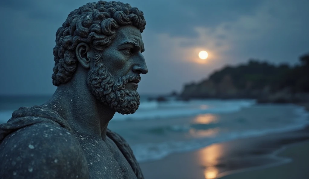 Statue Greek stoic man with a strong and robust body, similar to the ancient statue of Zeus, wet with water on the body, white and silver eyes, sea landscape background,
sea ​​water splashing on the statue looking like it is wet, rain effect, rays passing behind the statue in various places in the photo