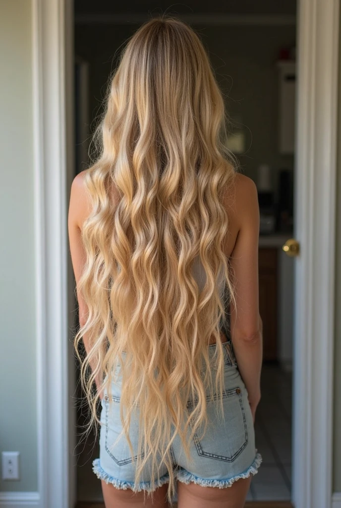 A 23-year-old blonde woman, ((pechos grandes)), ((hiperrealismo)). Blonde hair with light brown roots. Cabello rubio, cabello extra largo, cabello muy largo, really long hair, styled in loose waves cascading down her back. Photo taken with an iPhone, show entire body, whole body in frame, showcasing her curves. Cleavage subtly visible