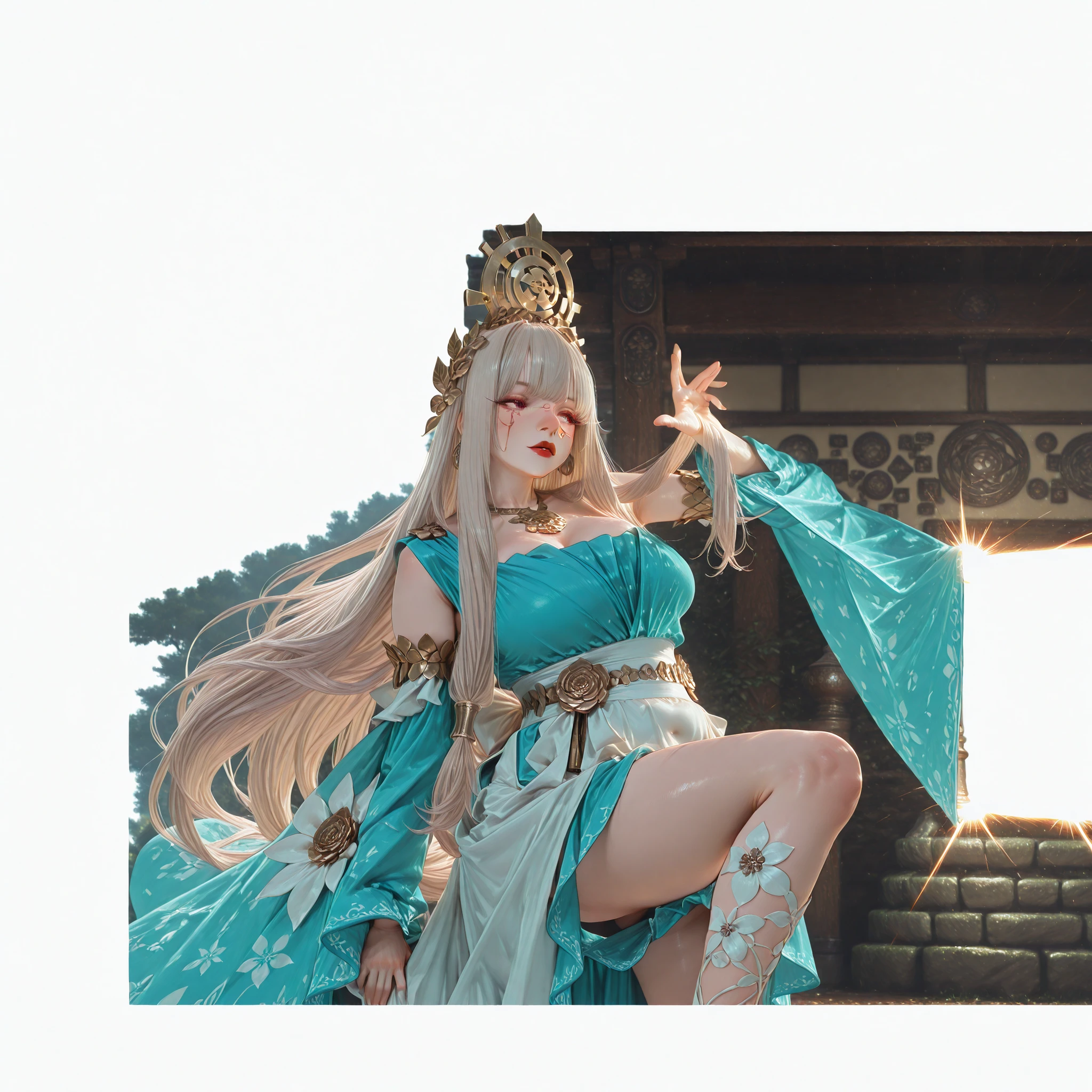 HD,Realism,exquisite details,Extra large cup,Delicate facial features,natural expression, Tall Nose Beam ,Plump red lips,long hair flowing,Elegant standing posture, Game Character Design ,3D Rendering,fresh forest background,Sun Shines,Hazy beauty ,dreamy soft tone 1.