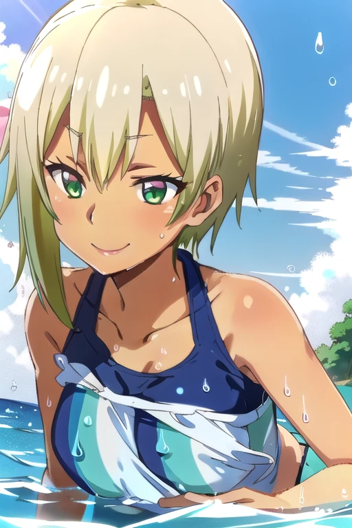 (masterpiece, top-quality, detaile, hight resolution, extremely delicate and beautiful, anime screen cap, anime colours, 8k, photorealistic), akebi sasaki, hairband, long hair, 1girl, dark green eyes, smile, blush, (red Micro Bikini:1.5), (huge drooping breasts:1.5, cleavage), (Leaning forward:1.5, arms down), (Upper body:1.5), (perfect detailed anatomy, Beauty details of breasts and eyes, Shiny skin), thick outline, beach, Sweat