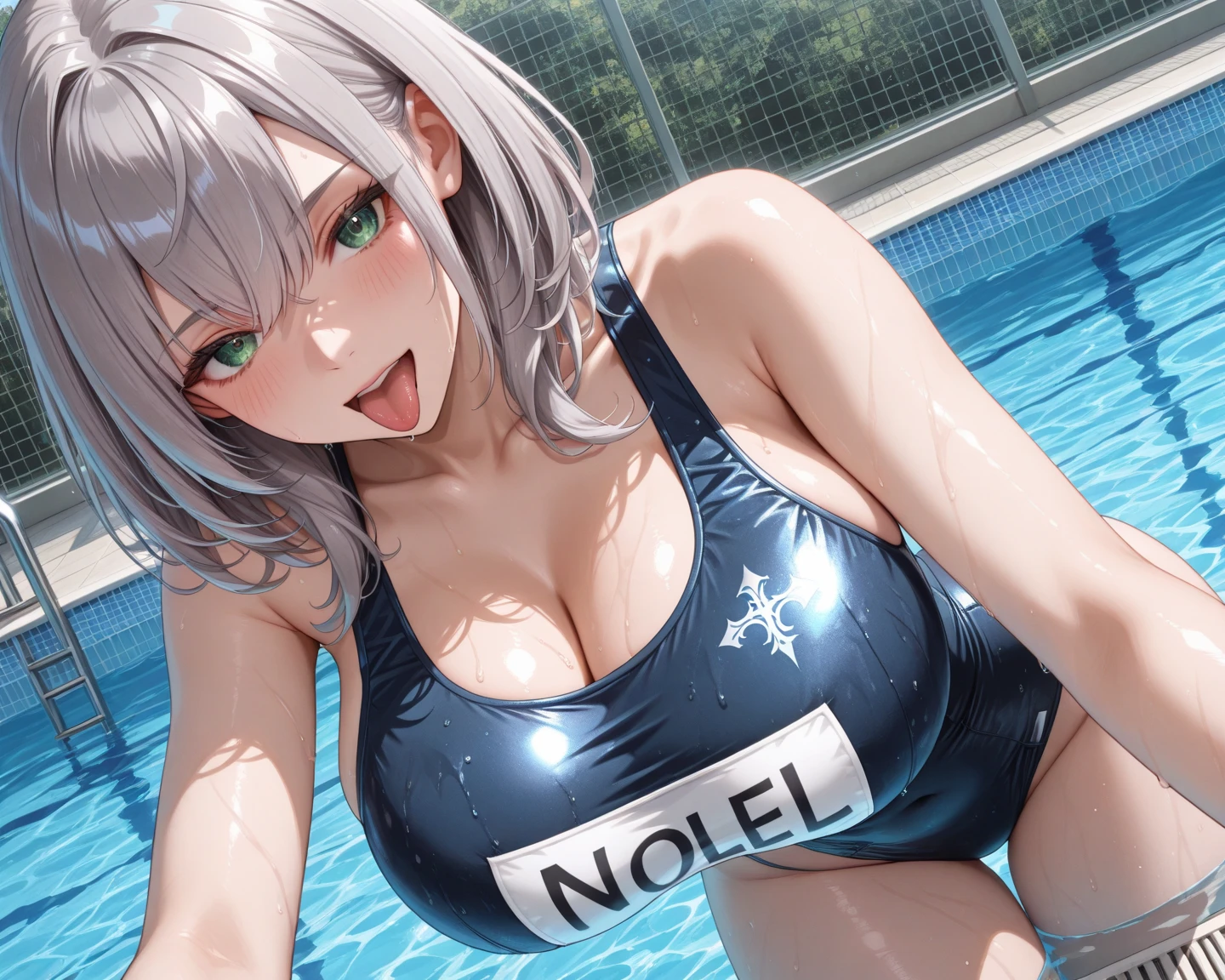 black tank top, pink bra, big breast, , white hair, upper body, smile, blush, outdoors, day, simple background, blue sky, long hair, sky, temple, looking at viewer, , white tank top, ahegao