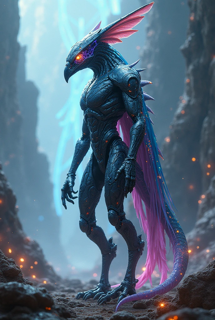 there is a drawing of a creature with a glowing head, male djinn man demon hybrid, insectoid, xenomorfo, Guyver style, depraved cyber demon, cosmic horror entity with wings, male aeromorph, alien god, djinn male man demon, Alien Queen, a hyper-detailed alien, alien creature, male demon