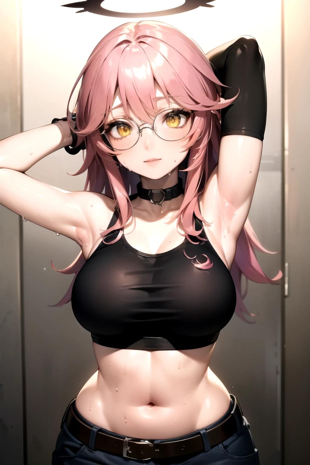 jibril, BREAK jibril, collar, animal ears, bird ears, compass rose halo, gradient hair, halo, long hair, multicolored hair, pink hair, symbol-shaped pupils, big breast, wing ears, (yellow eyes:1.5), seductive look, seductive smile, Shiny skin, clothing. Big breast. Sexy, hot, attractive, alluring, narrow eyes.
BREAK zoomed in, cropped face, (elbow gloves, black crop top, midriff, tank top, round glasses:1.3), (grey pants, tight clothes, belt:1.4). hot, (sweat, glossy skin, oily body, oiled up, glossy:1.7), (wet:1.5). (tattoos, body writing:1.1), (voluptuous, curvy:1.5), (chubby, plump:1.4). Arched back, armpits. Hands behind head.
BREAK (masterpiece:1.2), best quality, high resolution, unity 8k wallpaper, (illustration:0.8), (beautiful detailed eyes:1.6), extremely detailed face, perfect lighting, extremely detailed CG, (perfect hands, perfect anatomy), narrow eyes.