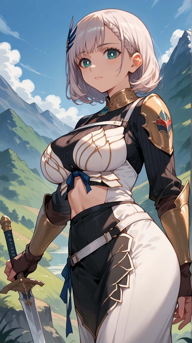masterpiece, mountainous horizon Upper body, black robe, (((((black bikini armor))))), nsfw, , 1 girl, (blonde), Ruby Eye, ((((((hair over one eye,)))))), Braidスタイル, spike hair, dull bangs, bob hair, Braid, Ahoge, cute eyes looking at the viewer From the side, ((from front)), open mouth, ((abs)) , ((looking up:1.3)), simple eyes, restrained, Are standing, (fang), hand on hip, ((disdain)), (((((breast grab)))))