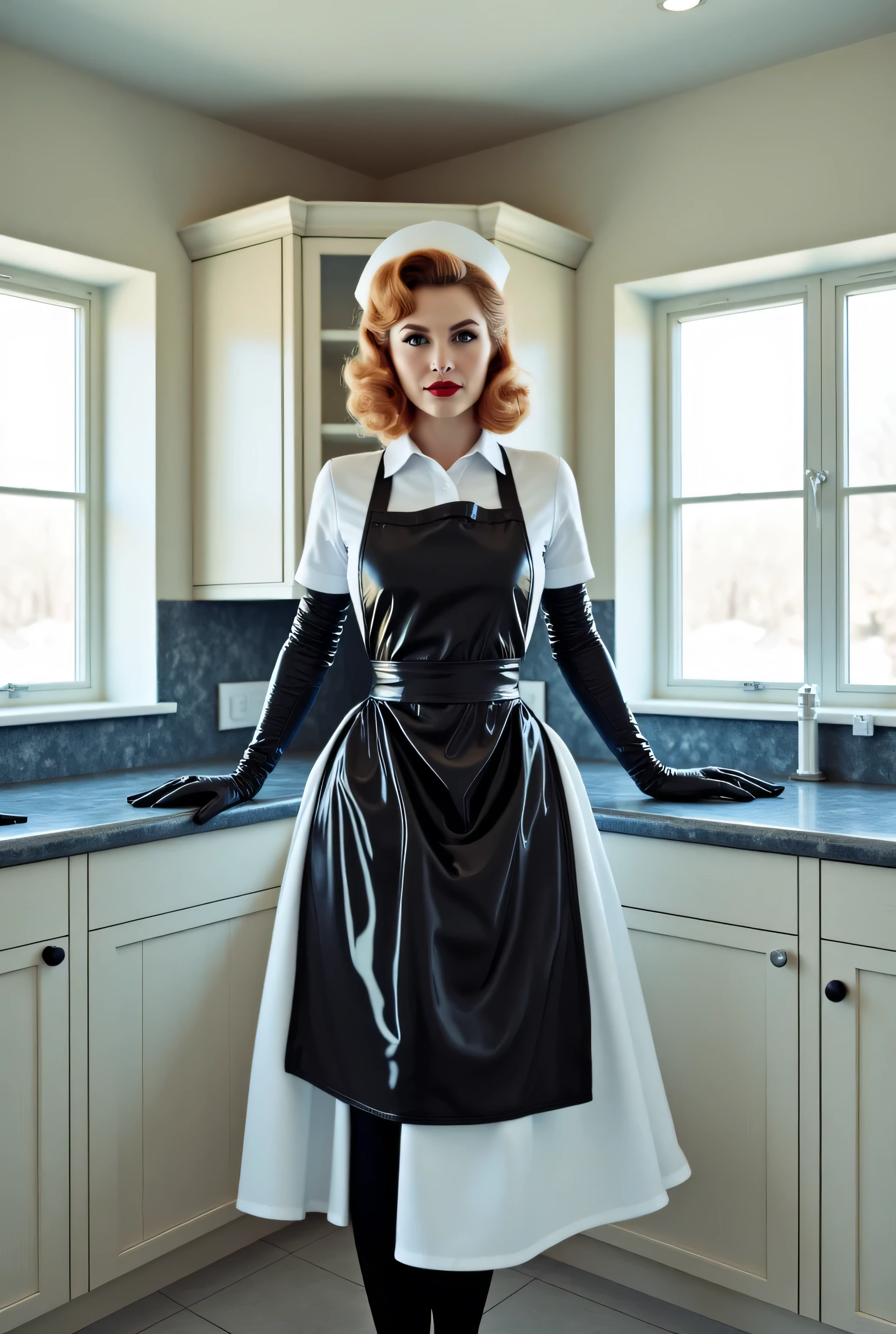 professionally color graded photo. natural light tones.  a very tall, slim French woman. thin waist. Strawberry blonde hair. Hair styled in a formal curly lob with slight peekaboo. Sharply outlined blood red lips. overbite. heavy 1960s style eye makeup. Black eyeliner and mascara top and bottom. wearing a tight fitted white dress shirt. tighty fitted. white skirt. pantyhose and white high heel shoes. white vintsge nursing cap.  (((wearing shoulder length shiny smooth black latex gloves))). Arms completely covered with long gloves. ((wearing Black glossy rubber apron over dress)). (Tightly cinched apron).  in large modern kitchen. pickled white oak cabinets. dwrk blue and white swirled quartz countertops. Bright sterile lighting. facing viewer.  towering over viewer. looking down at viewer. hands folded. sexy smile. accurate proportions