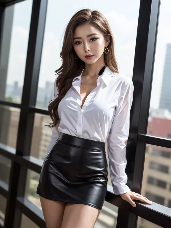 ((Realistic lighting, Masterpiece: 1.3)), (raw photo:1.2), Hyperrealist portrait gorgeous Beautiful Vietnamese mature woman, 35 years old, Beautiful bare breast, perfect butt, beautiful slender body, ((white smooth skin: 1.6)), ((woman wearing white long blouse), (black pencil skirt), (stockings), (modern high heels)), wear modern glasses, lustful slanted eyes, very detailed eyes and face, charming serious face, heavy makeup: 1.2, (standing pose), loose curls hair, Best quality, 8K, professional photography, modern office room background, full body, front view