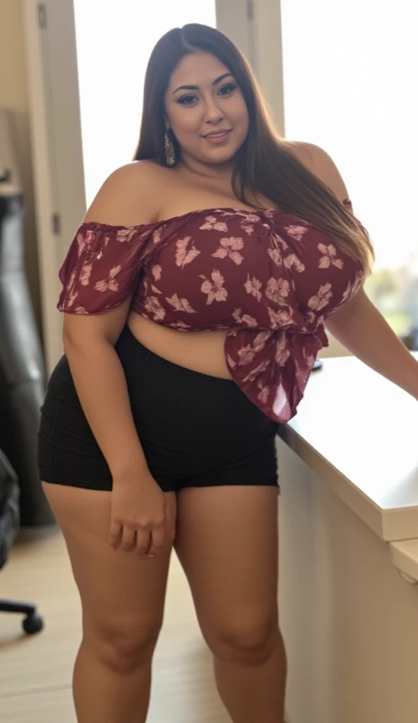 ((best quality)), ((masterpiece)), (detailed), perfect face, araffeTight skirtsShort , thicc, wavy short hair, she has a jiggly fat round belly, bbwchan, wearing tight simple clothes, skinny waist and thick hips, widest hips, her belly is fat and round, soft curvy shape, hyperrealistic full figure, wearing a cute top, wide hips, Blue swimsuit,On the beach by the seaBlue