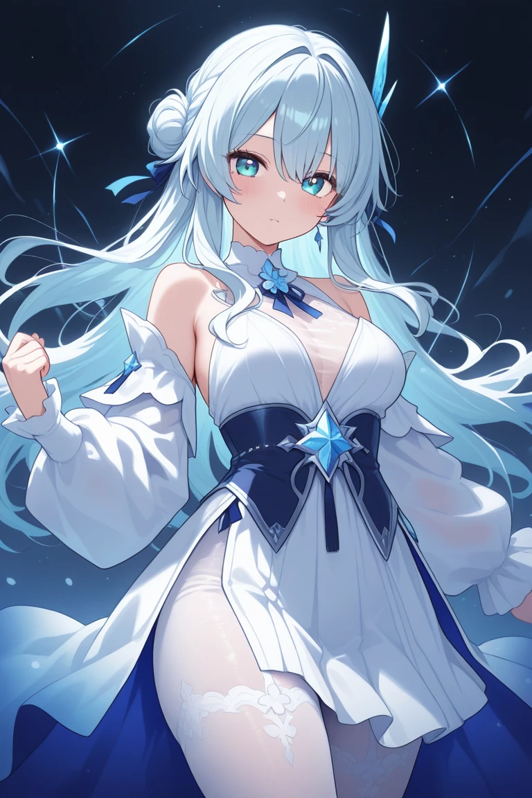 beautiful illustrations, highest quality, pretty girl, (conversion sequence), transform magical girl, a bit, white magical girl, fractal art, albino, baby face, Pure white and blue mesh bob hair, Beautiful and detailed blue eyes, cinematic lighting, cowboy shot, looking at the viewer, from below, big breasts