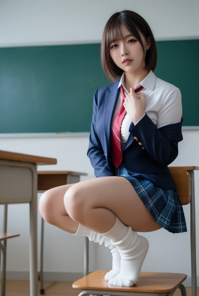 8k,best quality, masterpiece, ultra detailed, ultra high res, photorealistic, raw photo, absurdres, absolutely resolution, ((1girl solo)), full body ,a Japanese young pretty woman, hyper cute face, glamorous figure, large breasts , long bob hair , (school uniform :1.3),desks ,glossy lips, double eyelids in both eyes, natural makeup, long eyelashes, shiny smooth light brown long bob hair, asymmetrical bangs, shiny skin, central image, high resolution, high detailing, detailed hairstyle, detailed face, spectacular movie lighting, octane rendering, vibrant, hyper realistic, perfect limbs, perfect anatomy