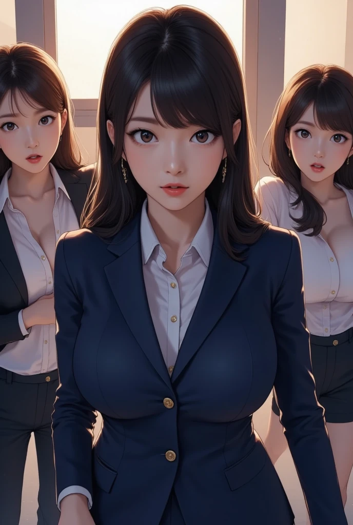 three sexy women in office outfits, flirtatious smiles, kneeling, closed eyes, opened mouths moaning, close up faces portrait