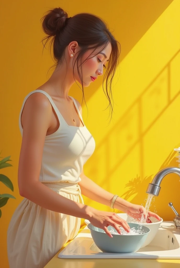 Beautuful Women，The shirt，Wet，kitchens，rays of sunshine，cleanness，long whitr hair，photorealestic，The kinky is exposed，nedium breasts，white  panties，Melon seed face，maidennurse