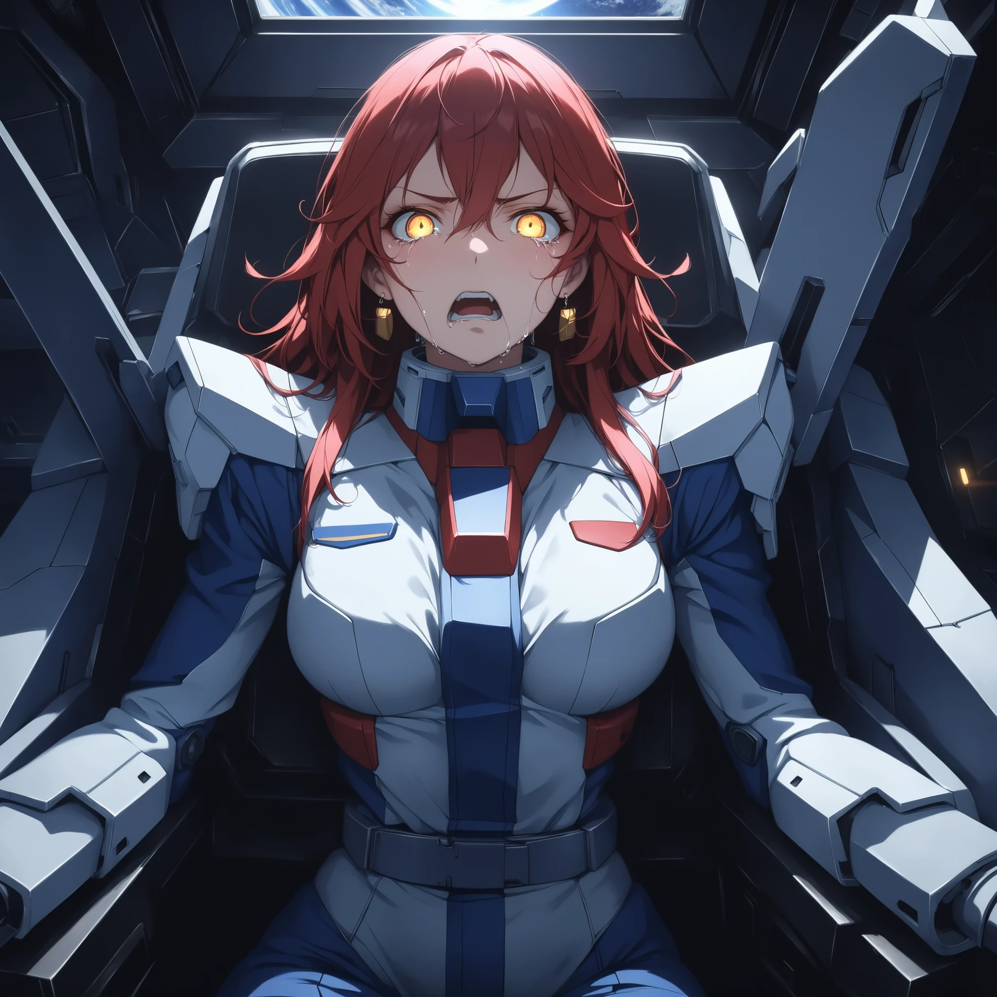 ((extreme quality)), ((Masterpiece)), (( Enrich the picture, Masterpiece level quality)), red hair , Mid-length Layers hair, medium breasts , golden eyes , fierce woman , extreme eyes details, raw 4k, perfect proportions , extreme hair detailed, extreme cloth detailed, extreme detailed , extreme background detailed, ((great effect to highlight the subject)) , ( cinematic lighting , moody , textile shading) , perfect proportions , extreme detailed , volumetric lighting , soft lighting , glossy skin, glossy hair, beautiful face , extreme face details, Detailed facial features , Long eyelashes, Incredible atmosphere, Fascinating setting, dynamic pose, red eyeliner, ear rings , hips up, eff pilot , black flight suit , Strike freedom gundam cockpit, (( sitting, control mobile suit)), very angry face, very angry eyes, in Space mobile suit battlefield, crying, I'm screaming with my mouth open,