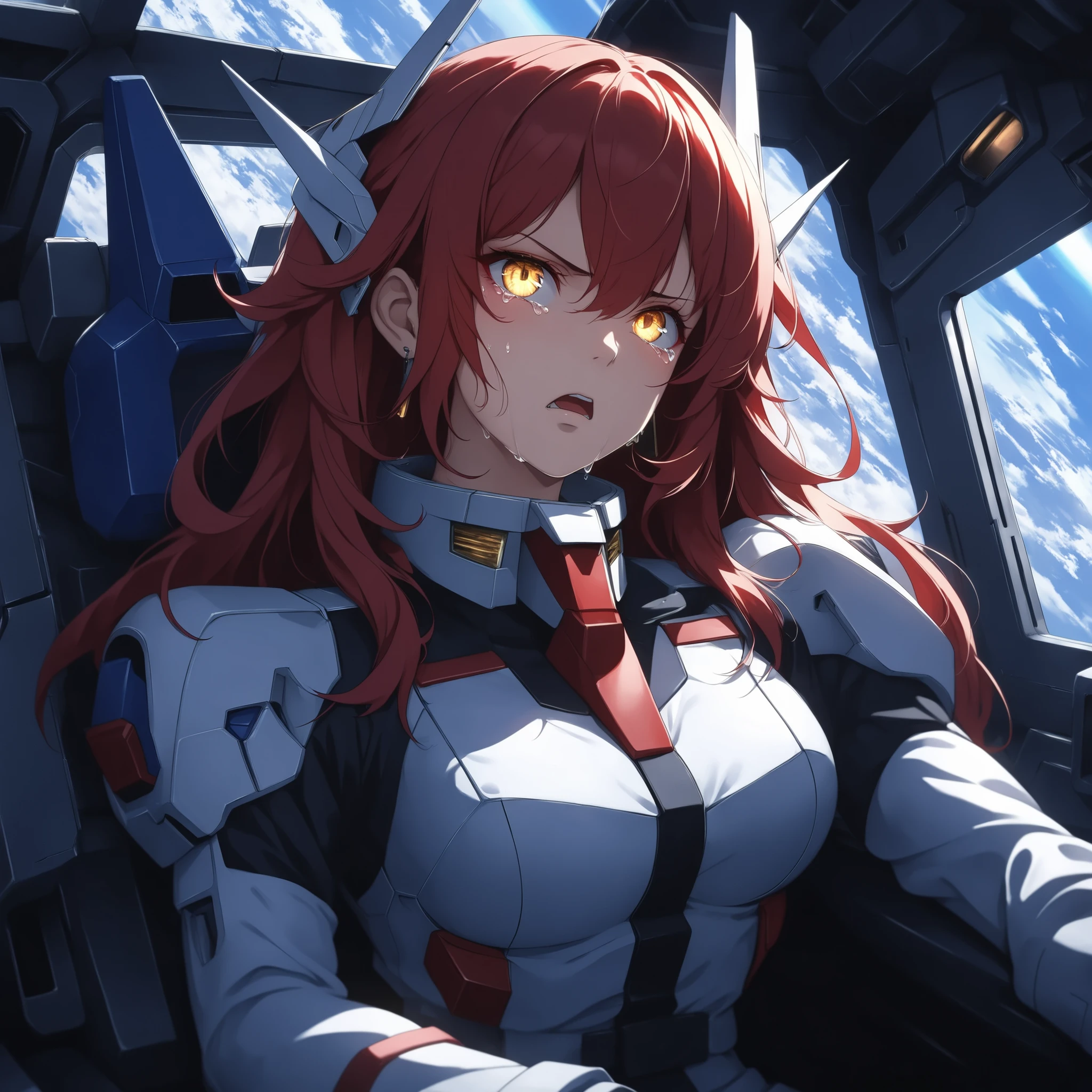 ((extreme quality)), ((Masterpiece)), (( Enrich the picture, Masterpiece level quality)), red hair , Mid-length Layers hair, medium breasts , golden eyes , fierce woman , extreme eyes details, raw 4k, perfect proportions , extreme hair detailed, extreme cloth detailed, extreme detailed , extreme background detailed, ((great effect to highlight the subject)) , ( cinematic lighting , moody , textile shading) , perfect proportions , extreme detailed , volumetric lighting , soft lighting , glossy skin, glossy hair, beautiful face , extreme face details, Detailed facial features , Long eyelashes, Incredible atmosphere, Fascinating setting, dynamic pose, red eyeliner, ear rings , hips up, eff pilot , black flight suit , Strike freedom gundam cockpit, (( sitting, control mobile suit)), very angry face, very angry eyes, in Space mobile suit battlefield, crying, I'm screaming with my mouth open,