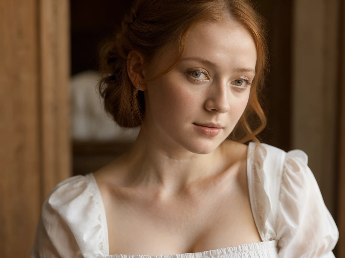 Red-haired girl with fox ears, freckles, looks at the camera, medieval clothing