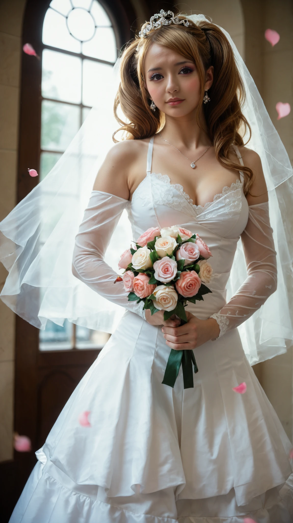 Score 9, Score 8, Score 7, Charlotte Pudding, female, in hyper-realistic anime style. One eye subtly hidden in forehead, three eyes, one in forehead, She wears an elegant, flowing white wedding dress with delicate lace details, sheer sleeves, and a softly shimmering train that glows with magical energy. In her hands, she holds a beautiful bouquet of pastel flowers with floating petals surrounding her. Her expression is shy and charming, with a slight blush on her cheeks and a sideways glance. Light brown hair styled in voluminous pigtails adorned with small flowers, and a sheer veil gently billows behind her. Light brown hair in voluminous pigtails, realistic textures in fabrics, soft sheen on skin and clothing, emulating a Sony Alpha 7R IV with a 35mm f/1.8 lens, with dramatic cinematic lighting, composed with a dynamic diagonal angle and medium background perspective. Asian, beautiful (25 years old), toned abdomen, charming and with great detail.