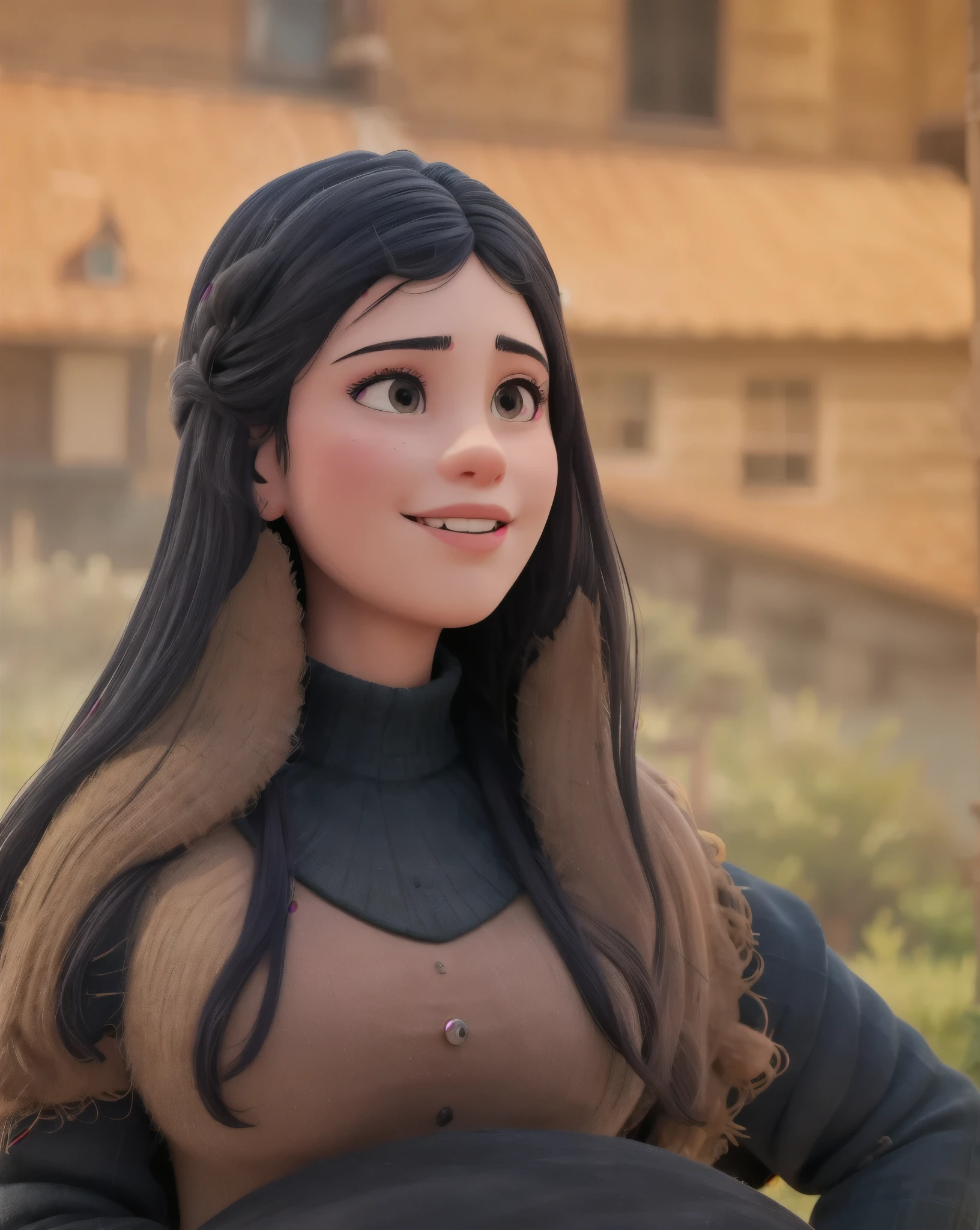 A seventeen-year-old girl from the 5th century, time of feudalism. She has straight black hair that flows smoothly down her back to her knees.. Your eyes are deep and dark like obsidian, displaying a look that conveys mystery and a certain vulnerability. Your skin is pale, contrasting with the darkness of her hair and eyes, and her slender body reveals a delicate fragility, as well as an inherent agility. The prominent clavicle reinforces its fragile appearance. Dressed to withstand the cold, mild climate of your region, She wears dense, dark-toned dresses, that complement your nobility. Clothes are made from rich, heavy fabrics, suitable for the aristocracy of the time, and possibly adorned with subtle details that indicate their noble origin.