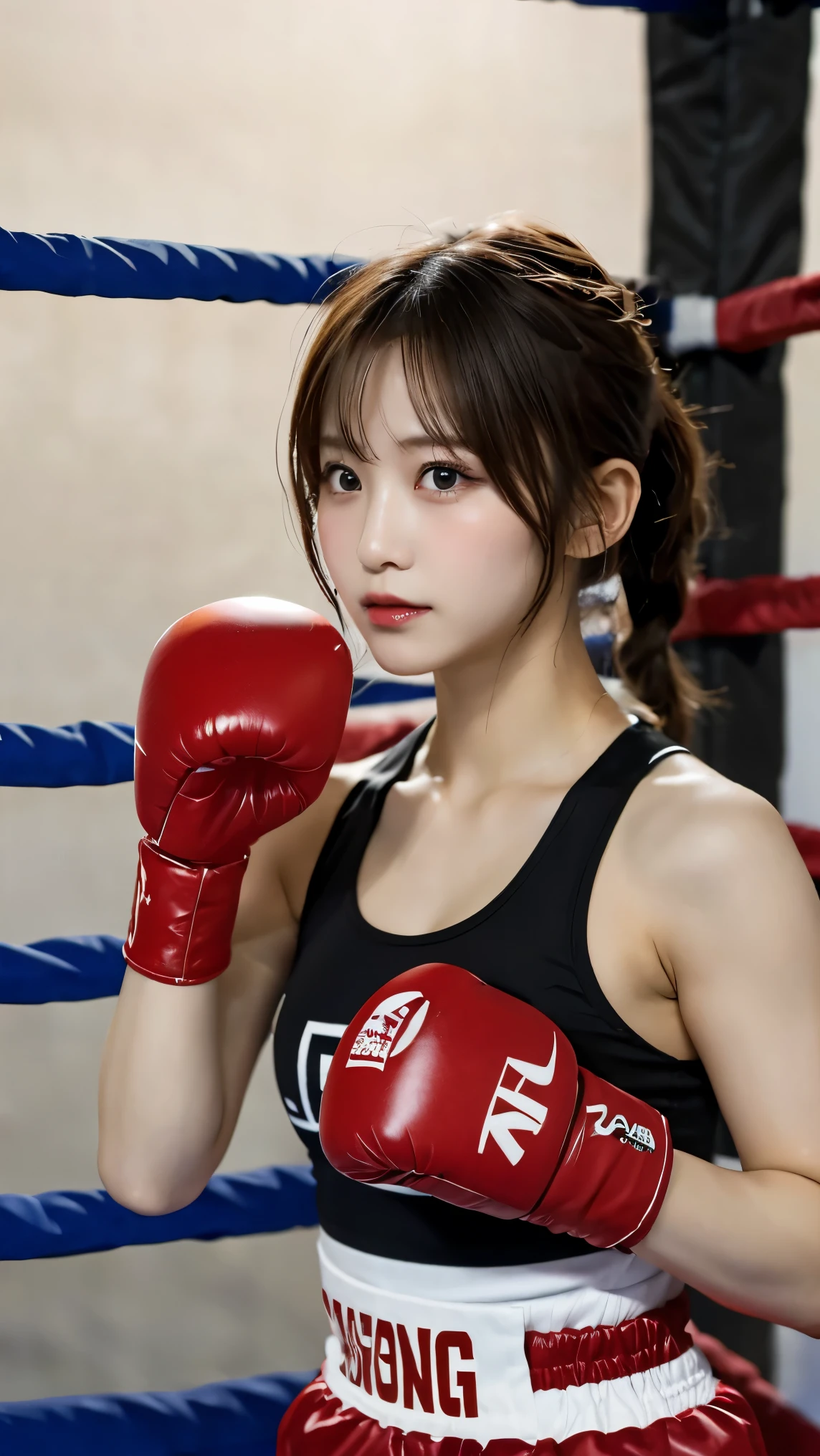 Tabletop, highest quality, shape, Very detailed, In detail, High resolution, 8k wallpaper, Perfect dynamic composition, Beautiful details, Yoga Wear,ponytail, Center of chest, Natural color lip, Random sexy poses,smile,Gym,whole body,Boxing gloves,Above the boxing ring,