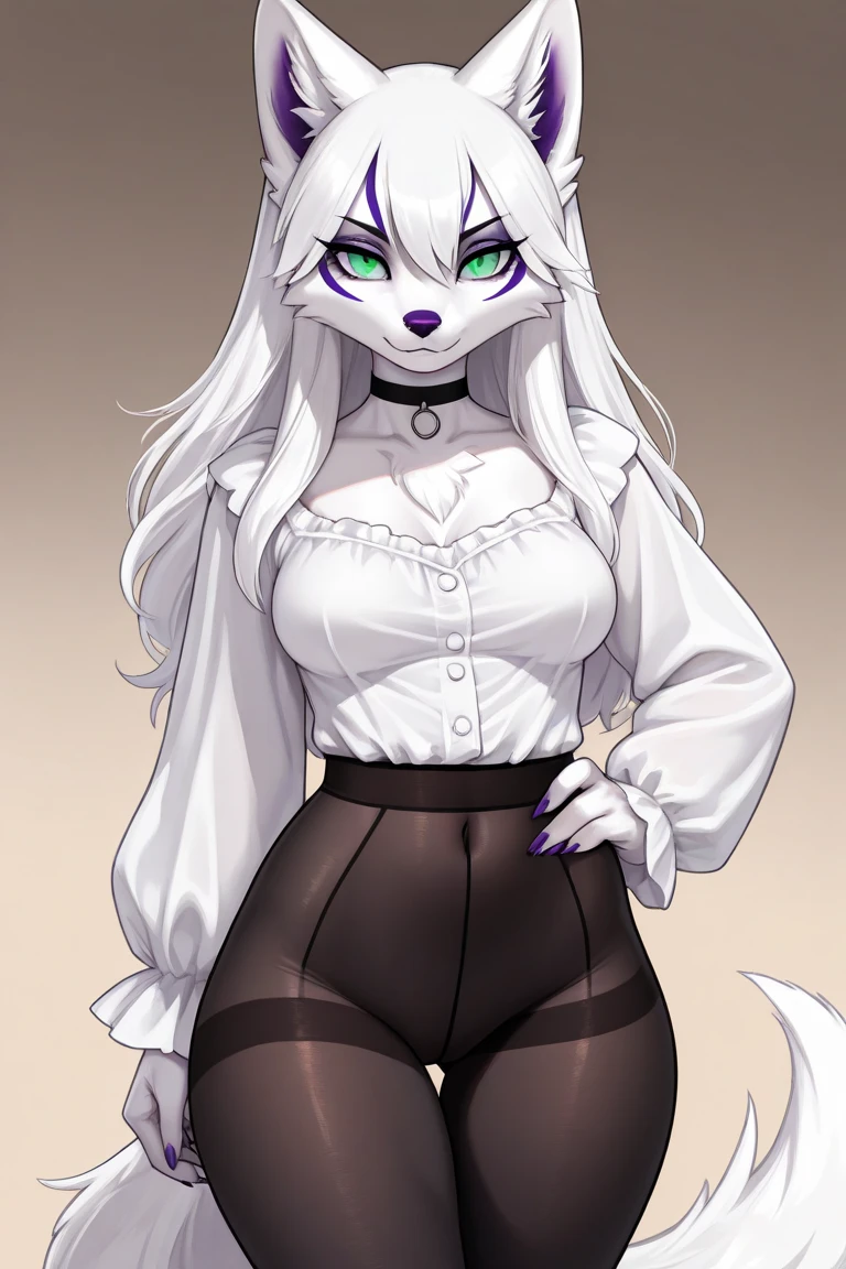 by zackary911,zackary911, kitcsne anthro, black hoode, solo, one character, blue eyes, female, fluffy fur, big fluffy tails, breast, fluffy fur neck, long white hair, wide hips