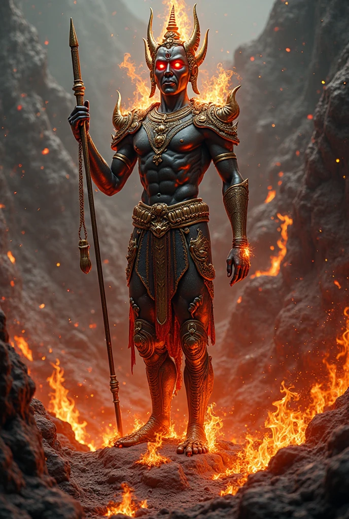 Male Orixa Exu with black skin color with his necklace of African cowries and his trident in his hand in the larvae of a volcano 
