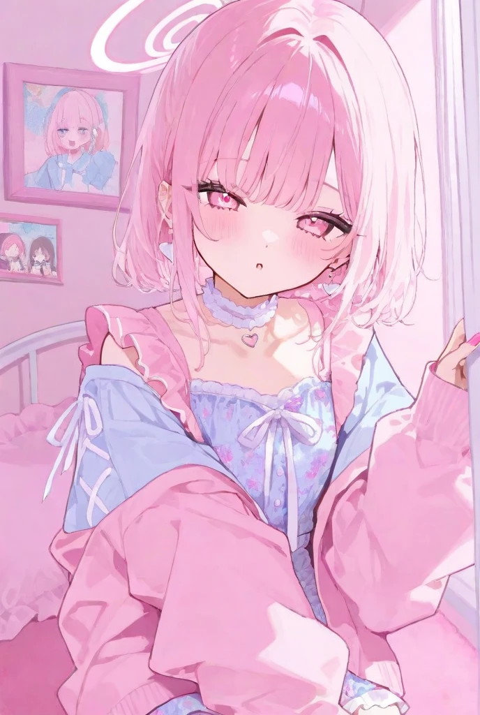 1girl,solo,cute,teenage,pinkgreige hair and short hair,under wear,make up,in bedroom,dresser,apply lipstick,from side