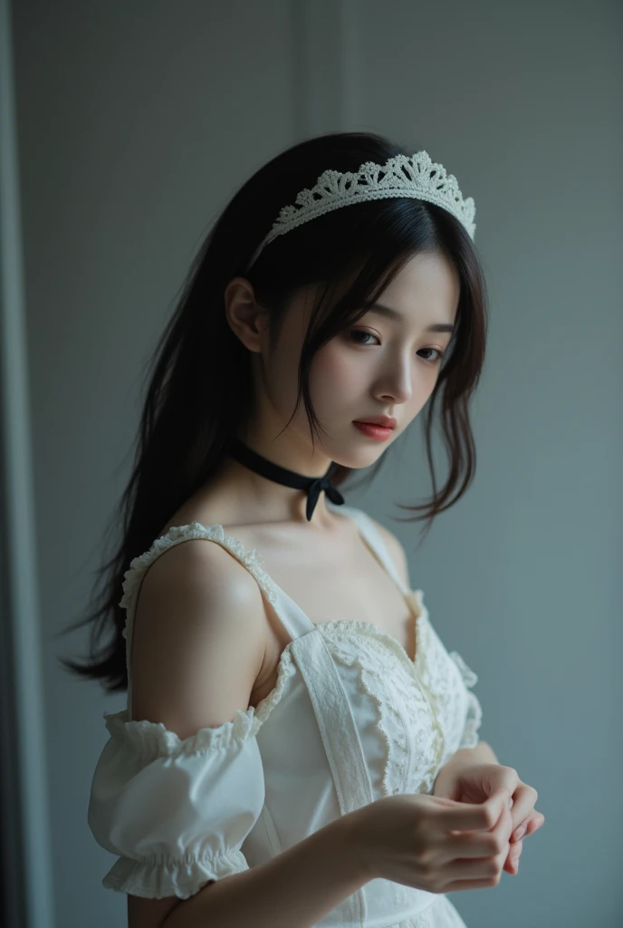 (masterpiece:1.0), (best quality:1.4), (ultra highres:1.2), (delicate illustration:1.4), (renaissance art:1.4), (8k, RAW photo:1.2), (soft focus:1.4), 1 young girl, (18yo:1.3), (sharp focus:1.4), (Japanese:1.0), (korean:0.7), detailed beautiful face, black hair, (detailed maid crothes:1.4), (lace choker:1.2), beautiful white shiny humid skin