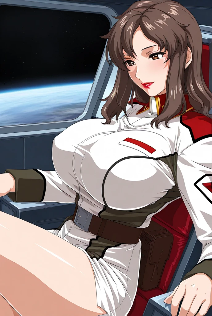 masterpiece, best quality, High resolution, Calm 1, 1 girl, alone, (Black_pantyhose:1.1), army uniform, army, cosmetics, White shirt, White Skirt, tight skirt, sitting, Upper Body, cockpit, space, Smile,Huge Breasts,cleavage,Unbutton your shirt,Sexy