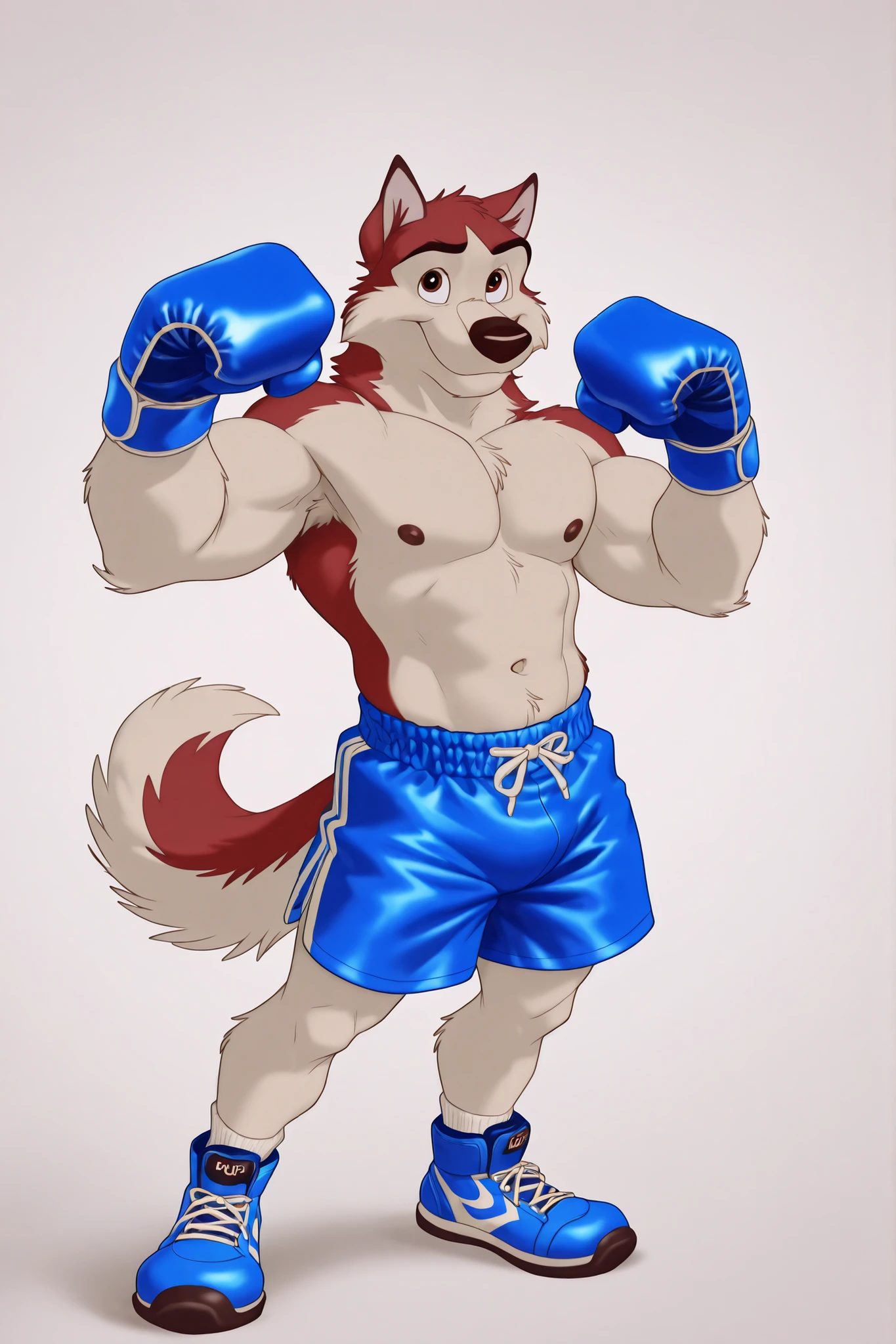 kodiak, husky, solo, detailed, detailed face, detailed eyes, anthro body, male, (young adult), (very muscular), cartoon shading, blue boxing gloves, blue boxing shorts, boxing shoes, (no background, white background), shirtless, looking at viewer, full body, stances, by anhes, stern eyes, subtle smile, pov_boxing, boxing pose, dynamic pose,