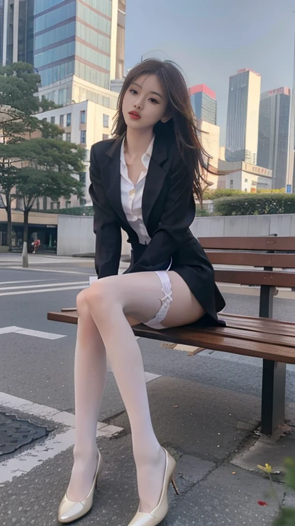 a 19 year old face of the most beautiful actress in the world, the perfect body proportions of a female, blazer is worn on formal shirt, panties between bare legs are seen thanks to skirt is too short, female genitalia of lower body are seen thanks to legs are opened, sitting on a chair of the city, best quality, highly detailed, masterpiece, ultra high res, photo realistic, 8k