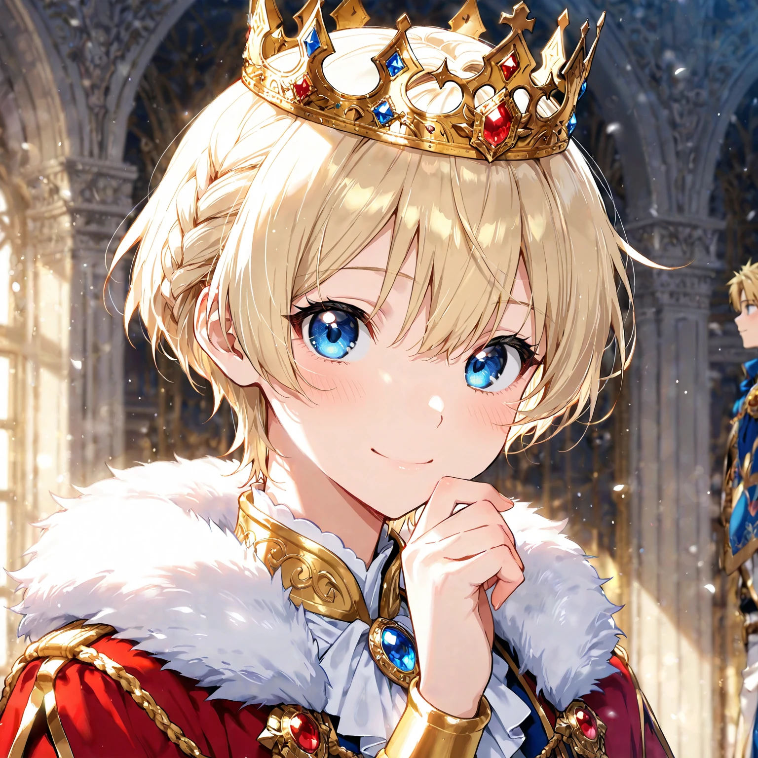 sfw, (masterpiece, best quality:1.2), perfect anatomy, (1boy, solo:1), full shot, (from front straight on:1.2), king, king outfit, sitting, armor, cushioned throne, fur-trimmed cape, (crown:1.1), golden throne, look back eye contact looking at viewer, nose blush, shiny skin, happy closed mouth smile, adorable face, <lora:boku no pico ova-lora-nochekaiser:0.7> bokunopico, (pico:1), short hair, blonde hair, (green eyes:1), (flat chest:1), volumetric lighting, <lora:I_am_the_king:0.8> royalpresence, royalpresencecheek, hand on own cheek, <lora:BristishNoble:0.6>