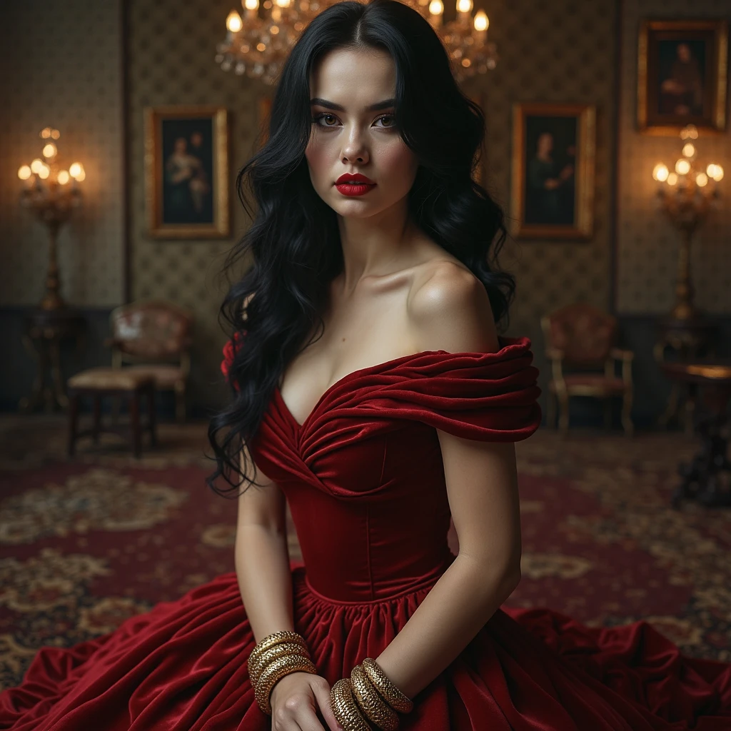 She is always impeccable, wearing a Marsala dress that ripples like wine spilled on velvet, with necklines that mesmerize the most honorable of knights. Your hair, blacks like the starless night, fall in perfect waves over the shoulders. Os olhos, of a hypnotic and deep red, are the only true clue on her hellish nature — but even they go unnoticed, obfuscated by her perfume and overwhelming charm. Lilith doesn't seduce with effort. She is the seduction — in flesh, Shadow and curse.

You can create an image of a woman based on the text described above, with ???????????, high neckline.