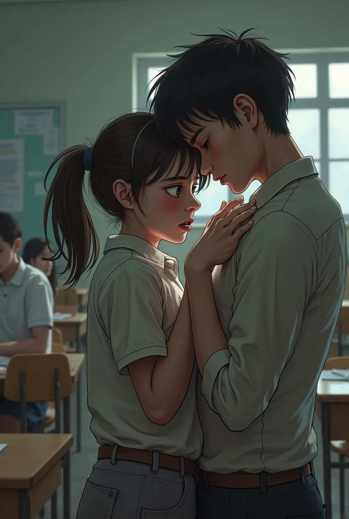A girl with long hair helping a sad school boy